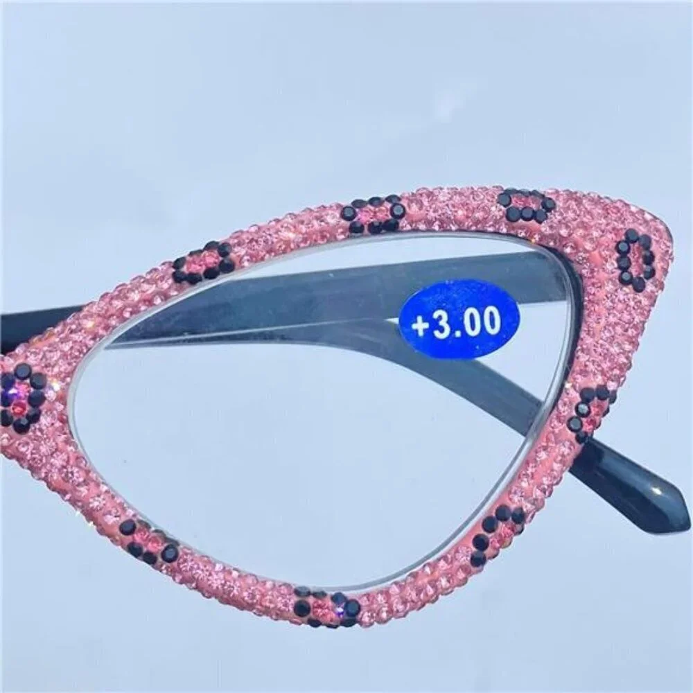 Glam Pink Rhinestone Cat-Eye Glasses – Sparkly Vintage Statement Frames X1.5 Mag